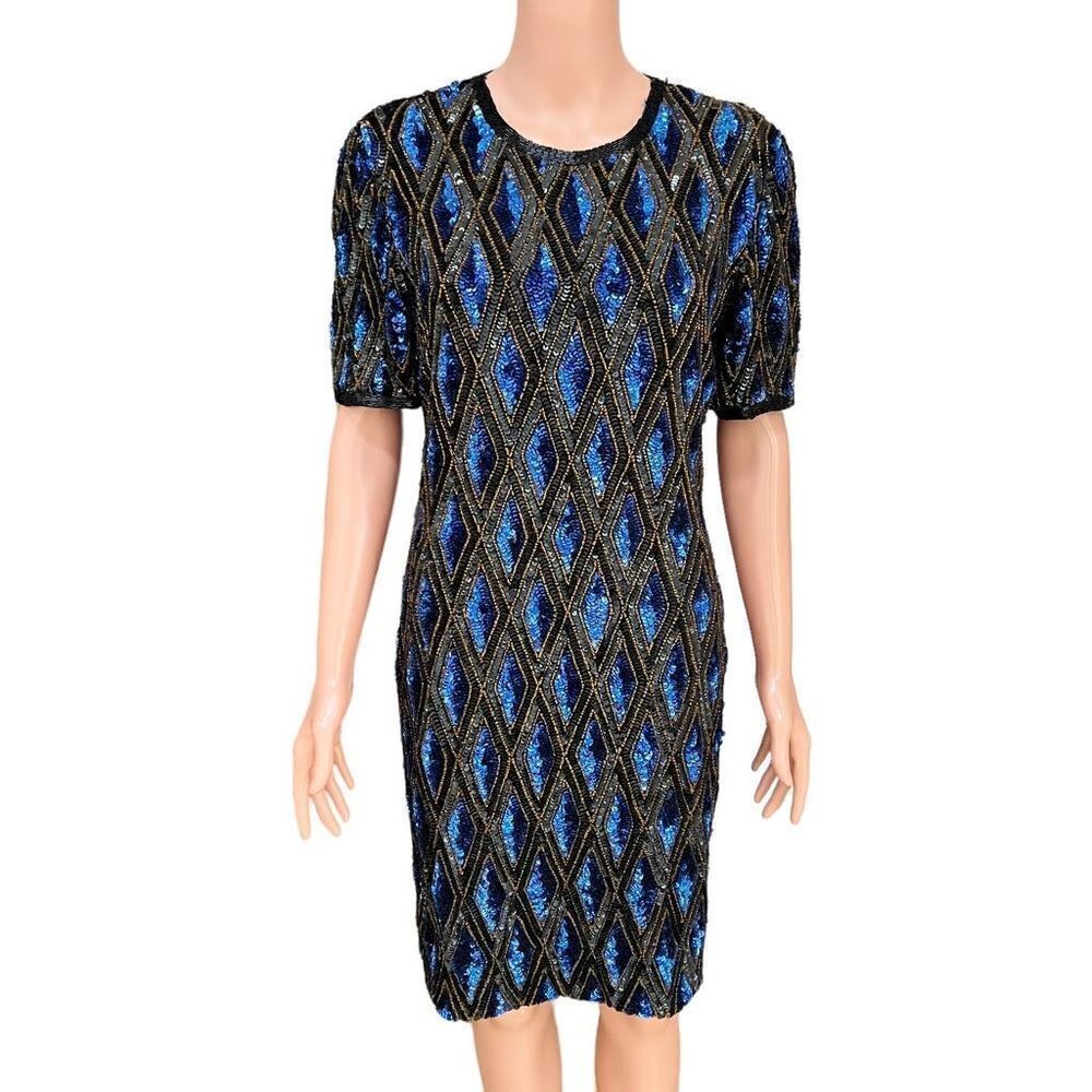 Stenay black silk beaded dress with blue and gold 80s vintage cocktail dress 6P